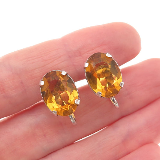 925 Sterling Silver Vintage Real Oval-Cut Citrine Screw Back Earrings