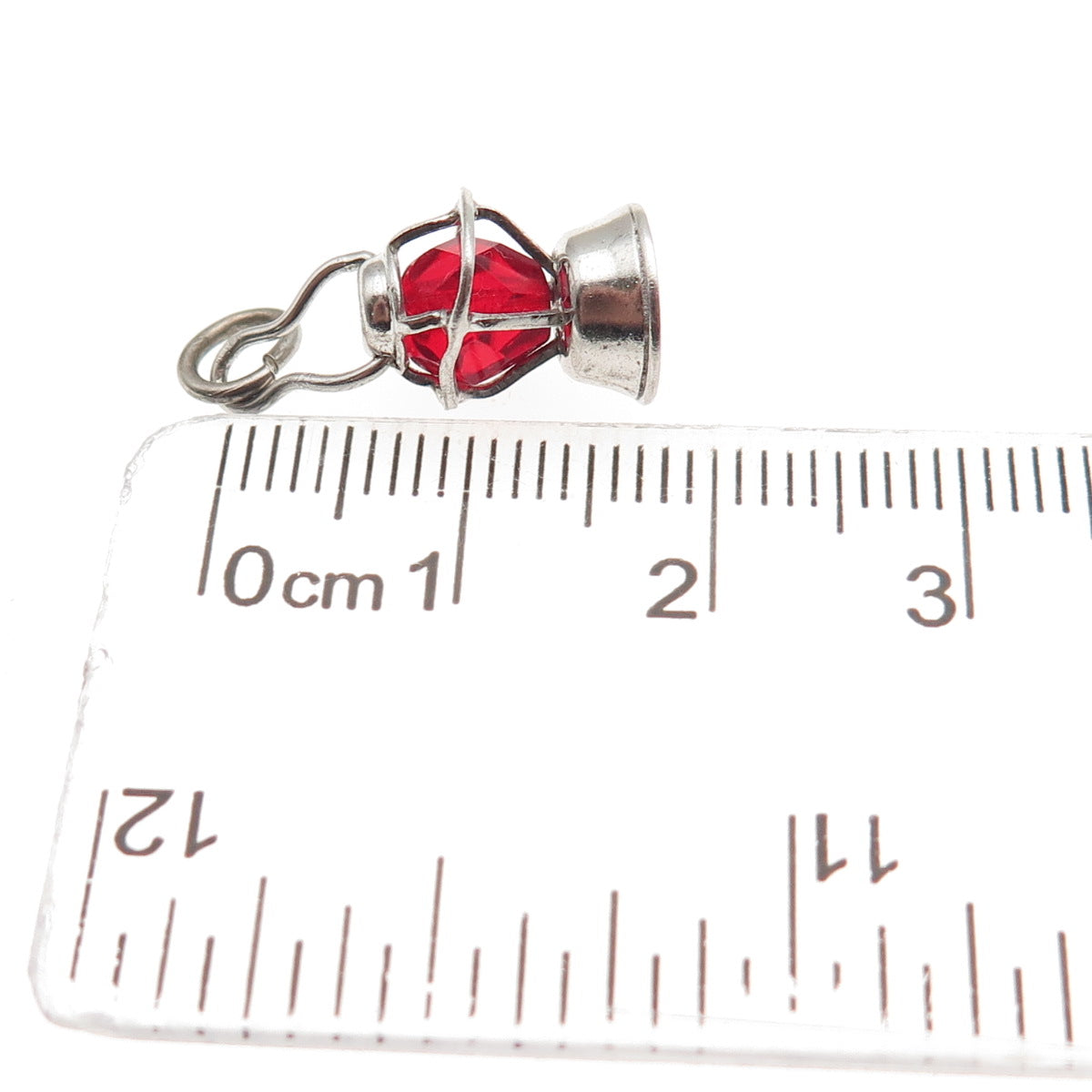925 Sterling Silver Antique Art Deco Red Crystal Lantern 3D Mini Charm Pendant