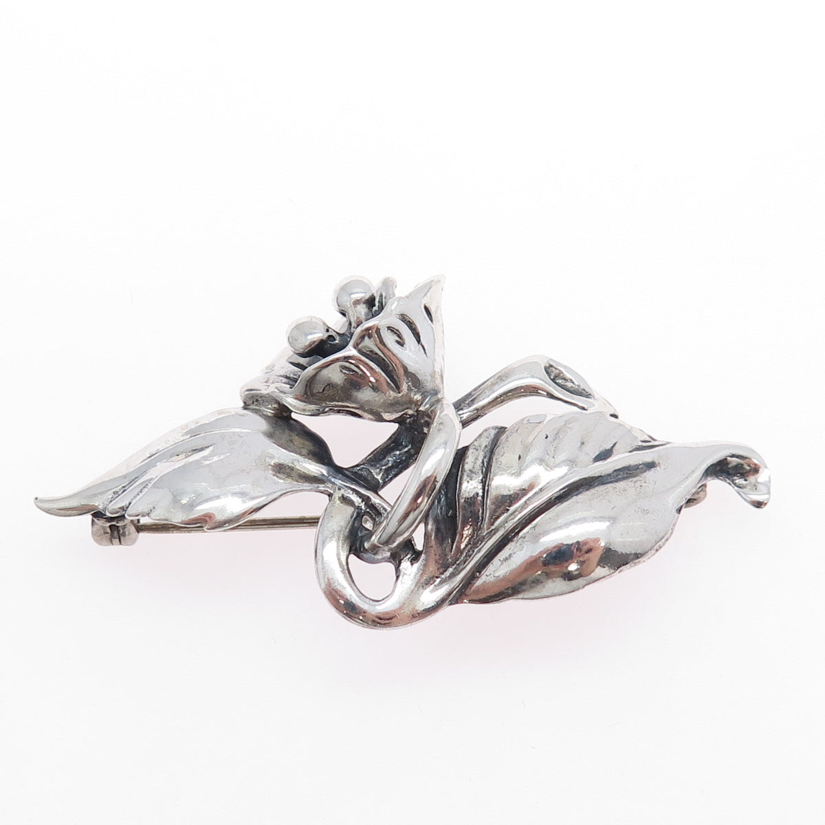 JEWELART 925 Sterling Silver Vintage Modernist Tulip Flower Oxidized Pin Brooch