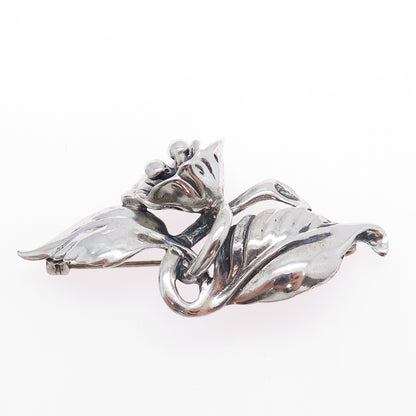 JEWELART 925 Sterling Silver Vintage Modernist Tulip Flower Oxidized Pin Brooch