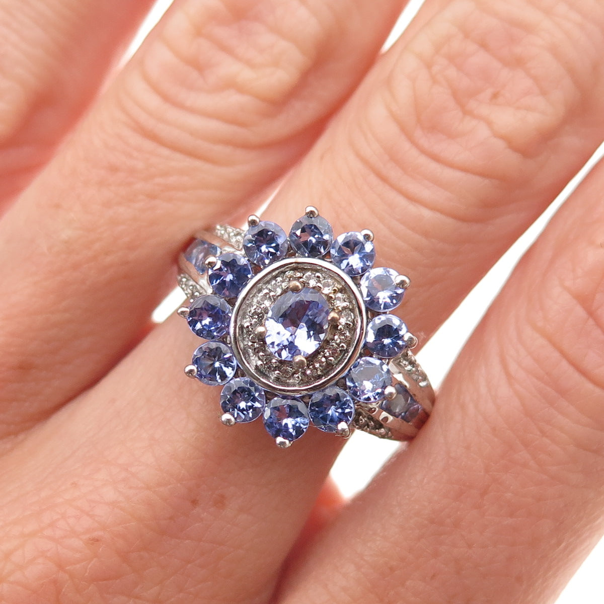 Chuck Clemency 925 Sterling Silver Real Tanzanite & White Topaz Ring Size 8.25