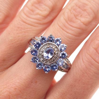 Chuck Clemency 925 Sterling Silver Real Tanzanite & White Topaz Ring Size 8.25