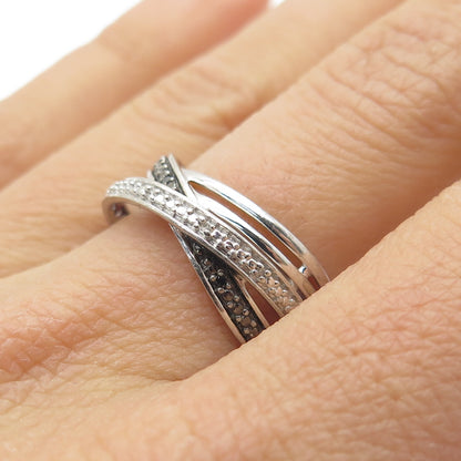 925 Sterling Silver Real Round-Cut Black & White Diamond Crisscross Ring Size 7