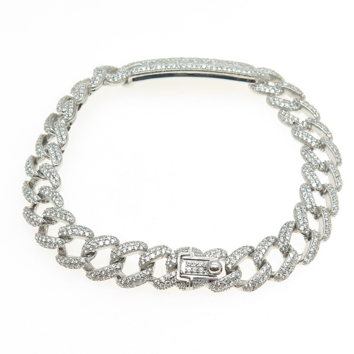 925 Sterling Silver Round-Cut C Z Cuban Link ID Bracelet 7"
