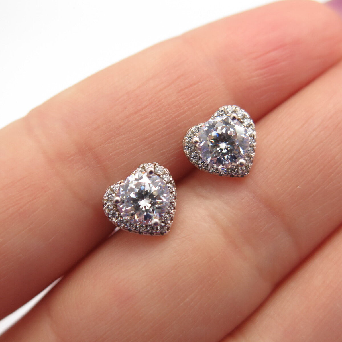 925 Sterling Silver Round-Cut C Z Heart Stud Earrings