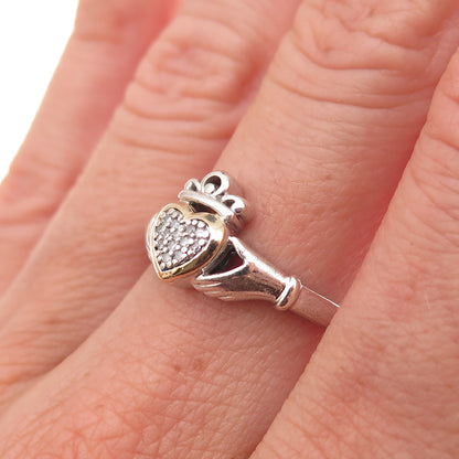 Alwand Vahan Sterling Silver 14K Gold Real Diamond Irish Claddagh Ring Size 7