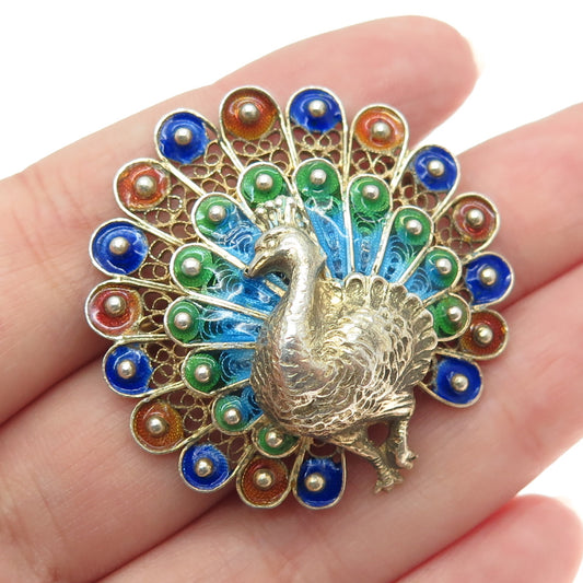 800 Silver Gold Plated Vintage Italy Enamel Peacock Bird Filigree Pin Brooch