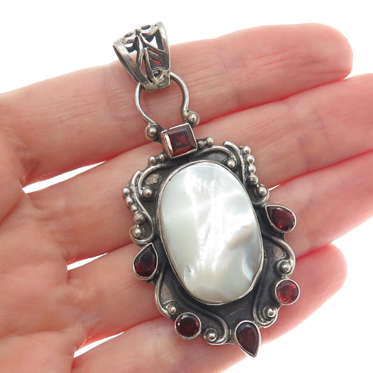 925 Sterling Silver Vintage Real Mother-of-Pearl & Red Garnet Oxidized Pendant