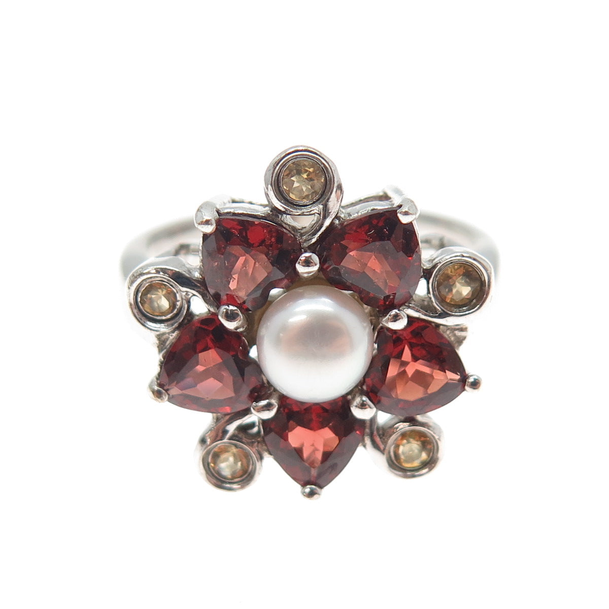 925 Sterling Silver Vintage Real Pearl Red Garnet Citrine Flower Ring Size 9.25