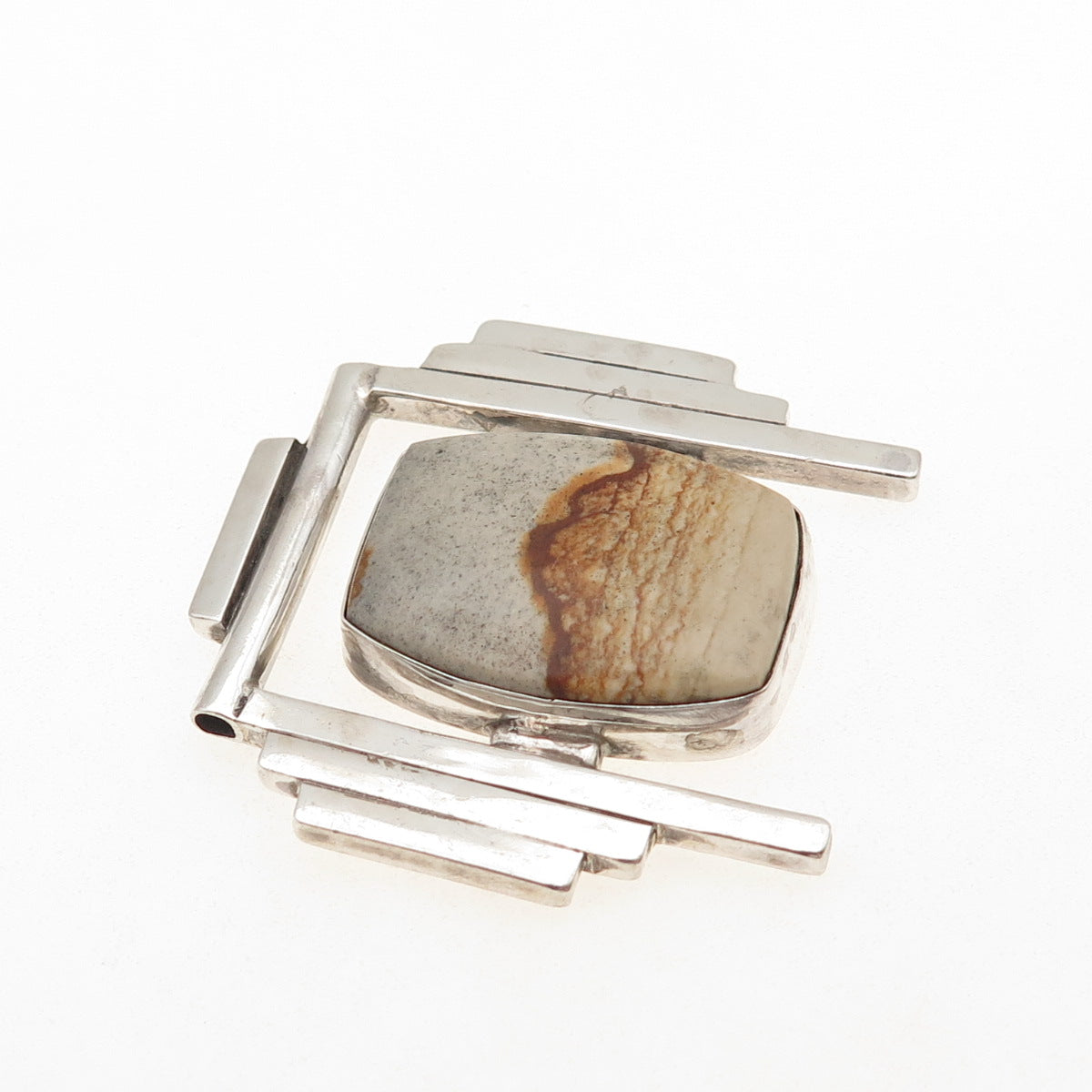 925 Sterling Silver Vintage Real Picture Jasper Modernist Slide Pendant