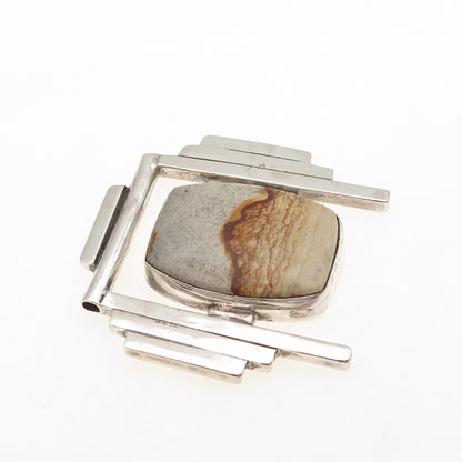 925 Sterling Silver Vintage Real Picture Jasper Modernist Slide Pendant