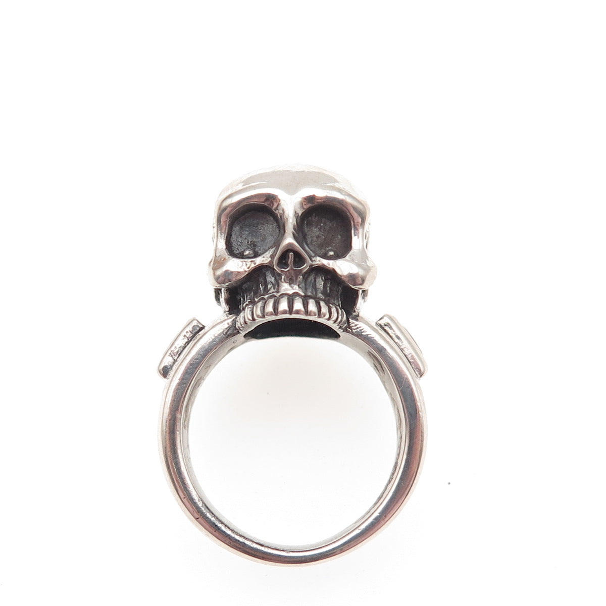925 Sterling Silver Vintage Real Amethyst Skull Oxidized Biker Ring Size 6.75