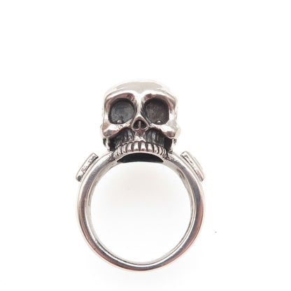 925 Sterling Silver Vintage Real Amethyst Skull Oxidized Biker Ring Size 6.75