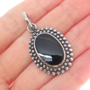 925 Sterling Silver Vintage Real Black Onyx Beaded Oxidized Charm Pendant