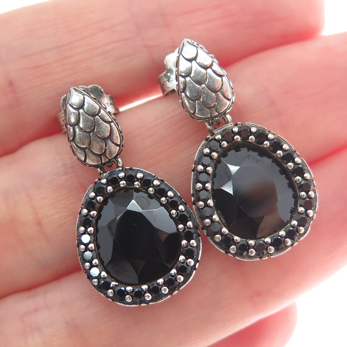 925 Sterling Silver Vintage Italy Real Black Spinel Gem Dangle Oxidized Earrings