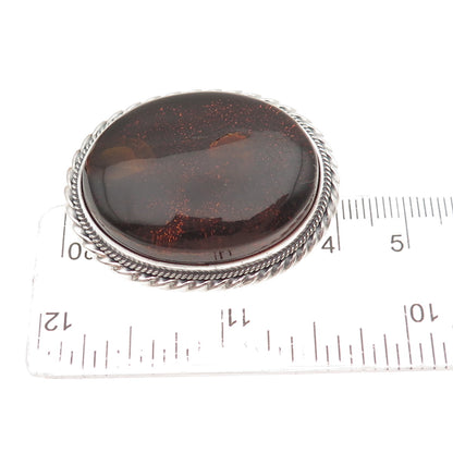 925 Sterling Silver Vintage Real Cabochon Amber Pin Brooch