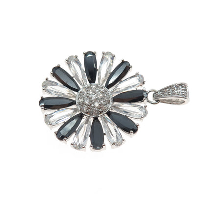 925 Sterling Silver Black & White C Z Daisy Flower Charm Pendant