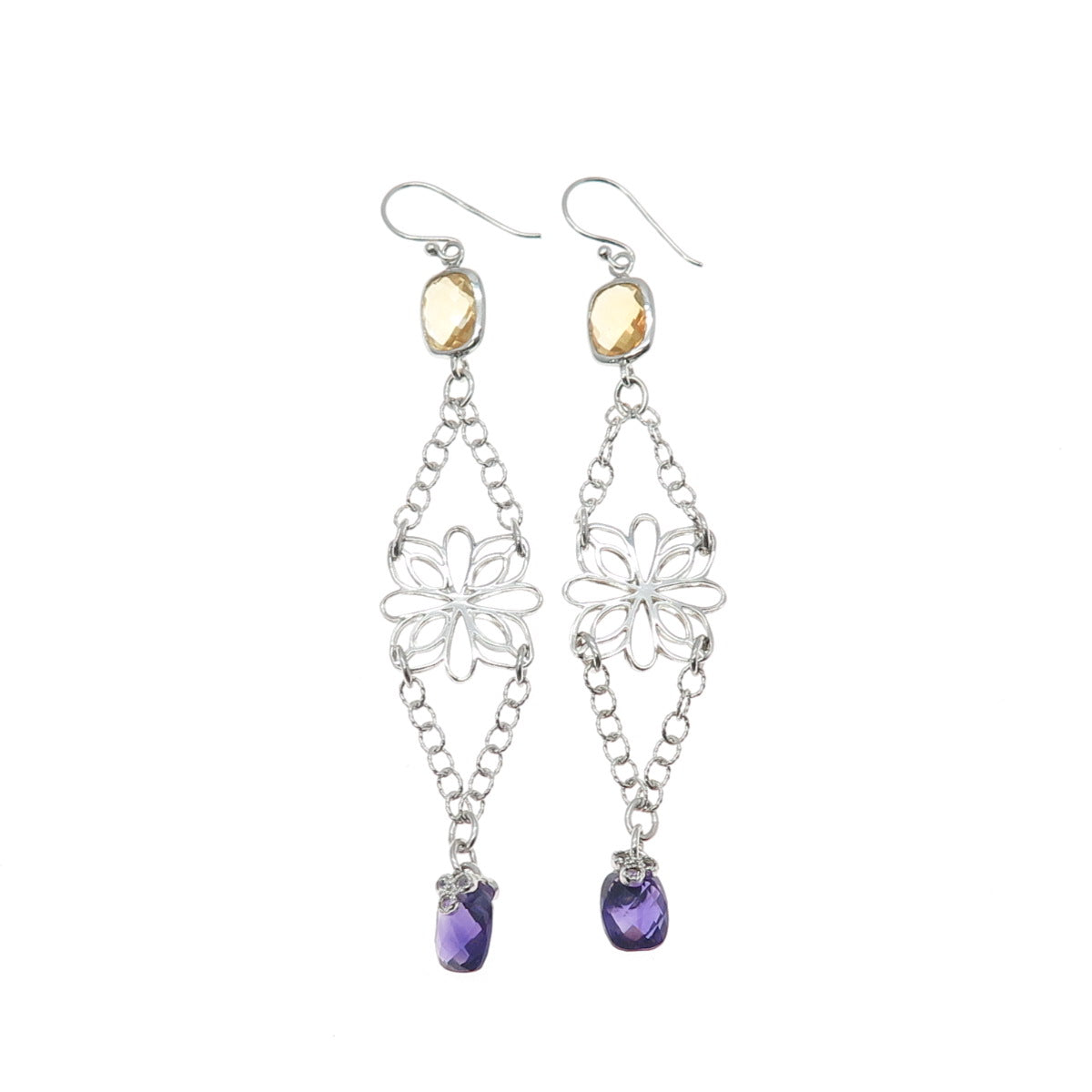 925 Sterling Silver Real Yellow & White Topaz Amethyst Flower Dangle Earrings