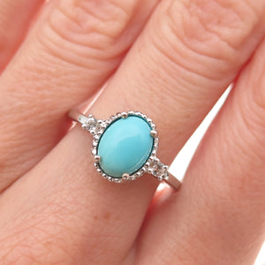925 Sterling Silver Real Sleeping Beauty Turquoise & White Topaz Ring Size 8