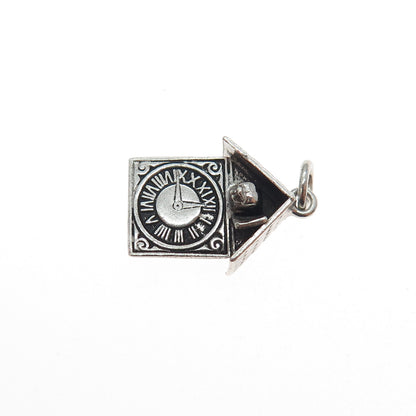 925 Sterling Silver Antique Art Deco Cuckoo Clock Oxidized Mini Charm Pendant
