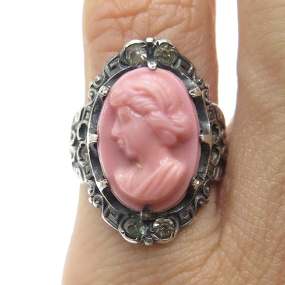 925 Sterling Silver Antique Rose Ceramic & Rhinestone Cameo Lady Ring Size 5