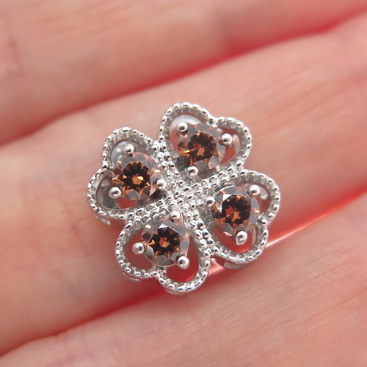 925 Sterling Silver Cognac Round-Cut Shaped C Z Clover Flower Slide Pendant