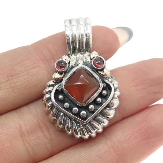 JOIELLE 925 Sterling Silver & 14K Gold Vintage Real Carnelian Tourmaline Pendant