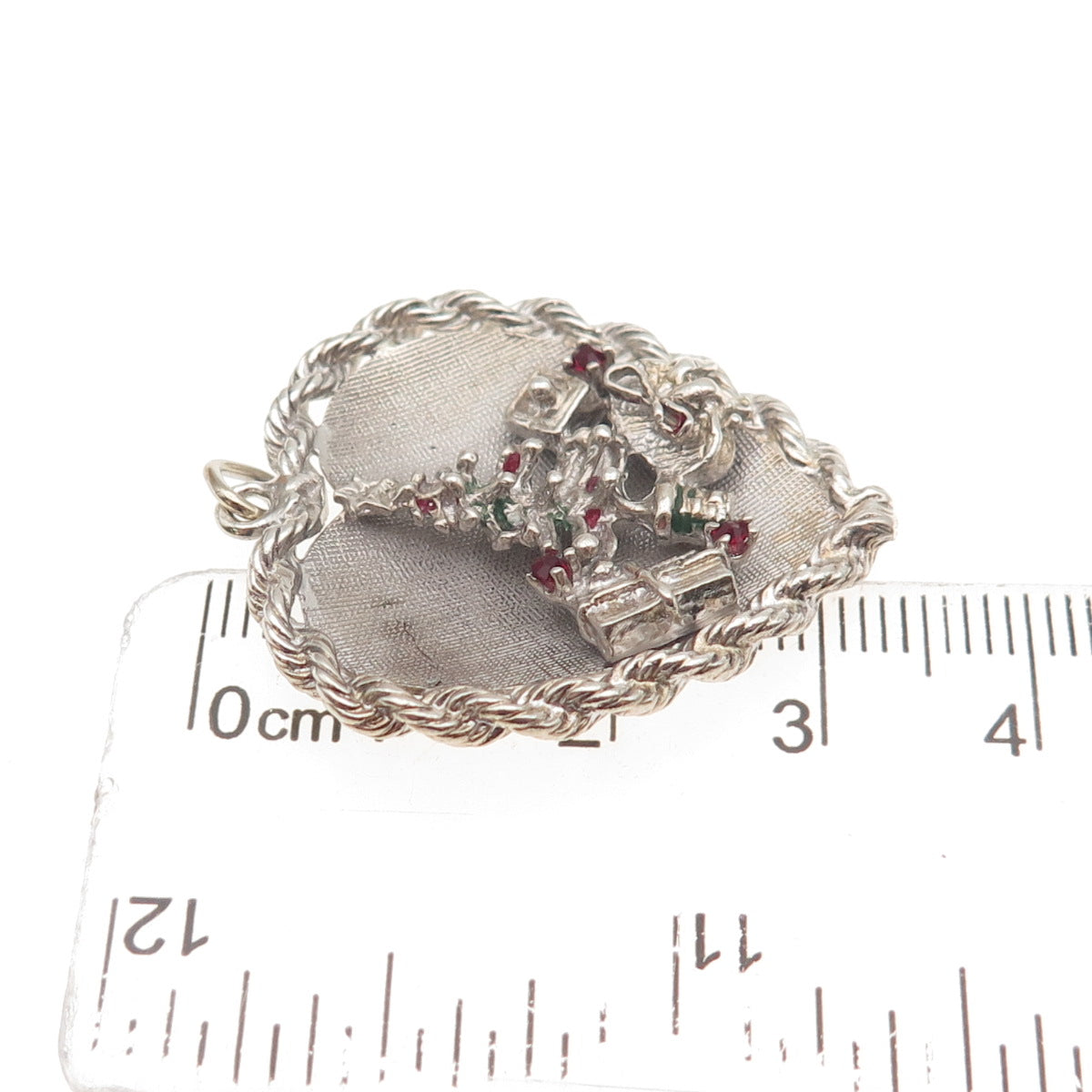 925 Sterling Silver Vintage Rhinestone Christmas Tree Heart Charm Pendant