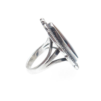Old Pawn 925 Sterling Vintage Southwestern Real Agate Roped Oxidized Ring Size 5