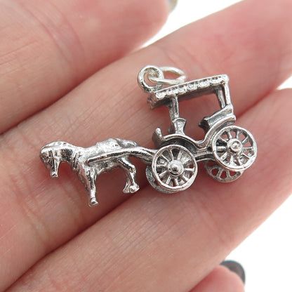 925 Sterling Silver Antique Art Deco "New Orleans" Horse Carriage 3D Pendant