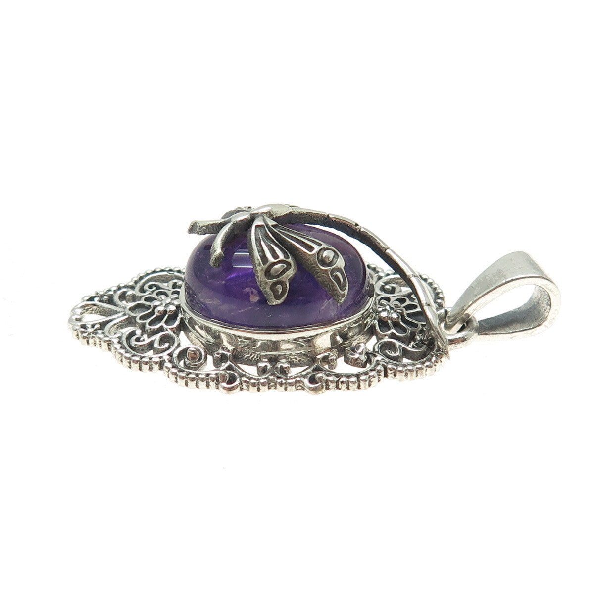 925 Sterling Silver Vintage Real Amethyst Dragonfly Oxidized Pendant