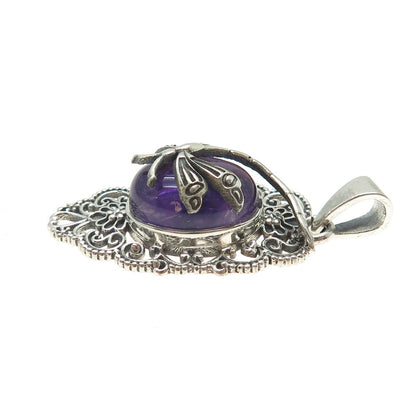 925 Sterling Silver Vintage Real Amethyst Dragonfly Oxidized Pendant