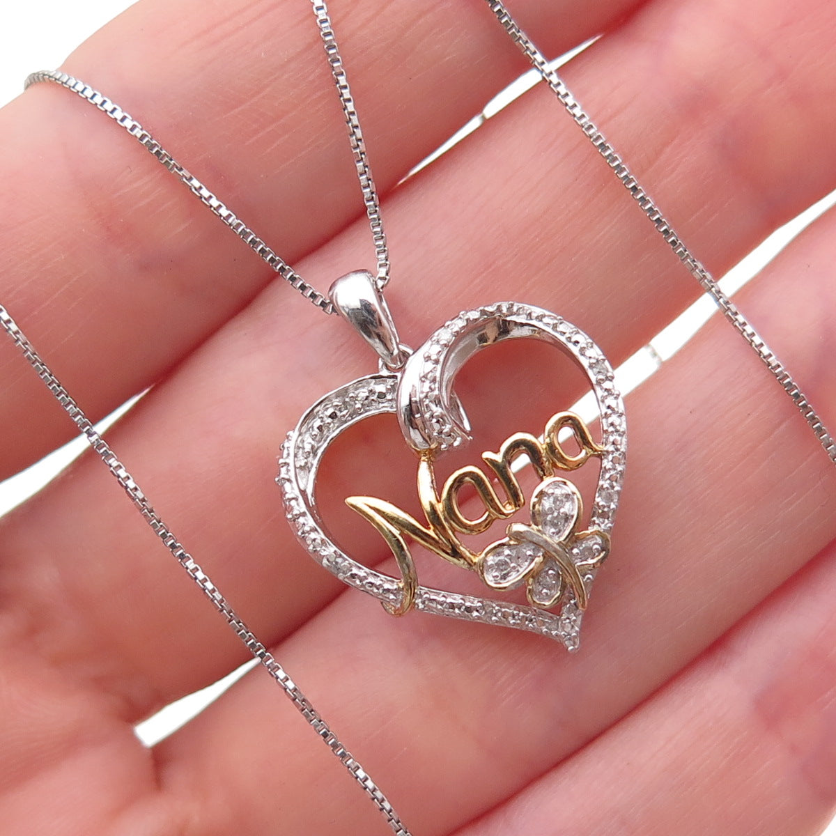 925 Sterling Silver 2-Tone Real Diamond Nana Heart Box Chain Necklace 18"