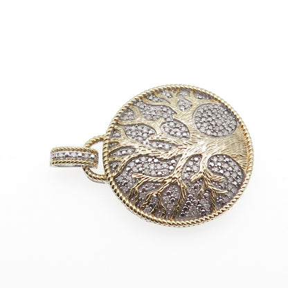 925 Sterling Silver 2-Tone Round-Cut C Z Tree of Life Pendant