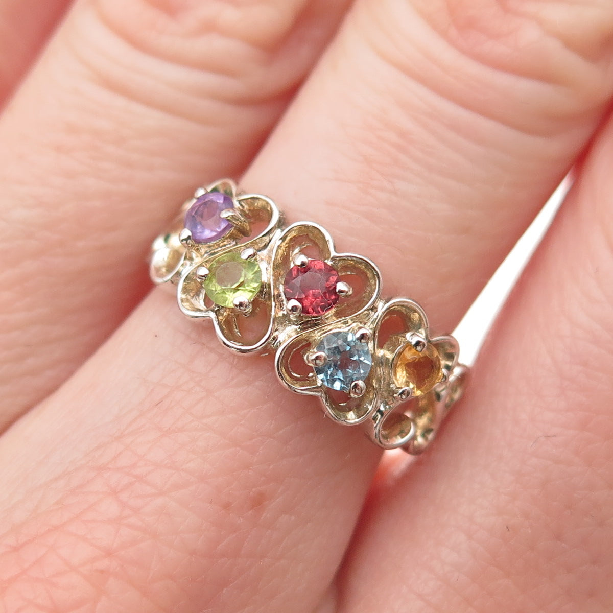 925 Sterling Vintage Real Topaz Amethyst Peridot Citrine Tourmaline Ring Size 7
