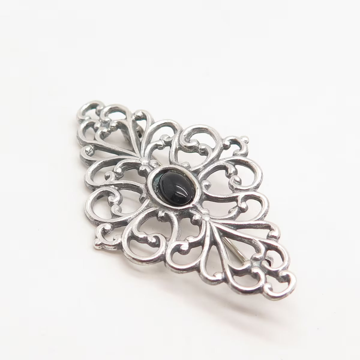 925 Sterling Silver Vintage Real Black Onyx Gem Ornate Pin Brooch