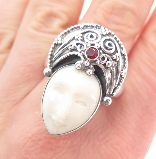 925 Sterling Silver Vintage Real MOP & Red Garnet Carved Goddess Ring Size 14