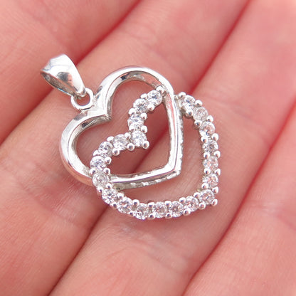 925 Sterling Silver Round-Cut C Z Double Heart Charm Pendant