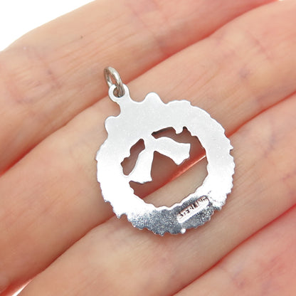 925 Sterling Silver Vintage Enamel Christmas Wreath & Bell Charm Pendant