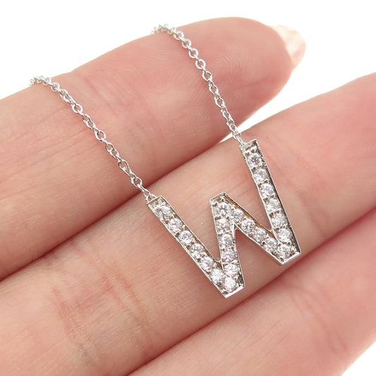 925 Sterling Silver C Z Letter "W" Initial Rolo Chain Necklace 16-18"