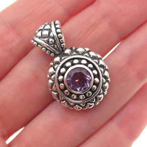 925 Sterling Silver Vintage Real Amethyst Oxidized Charm Pendant