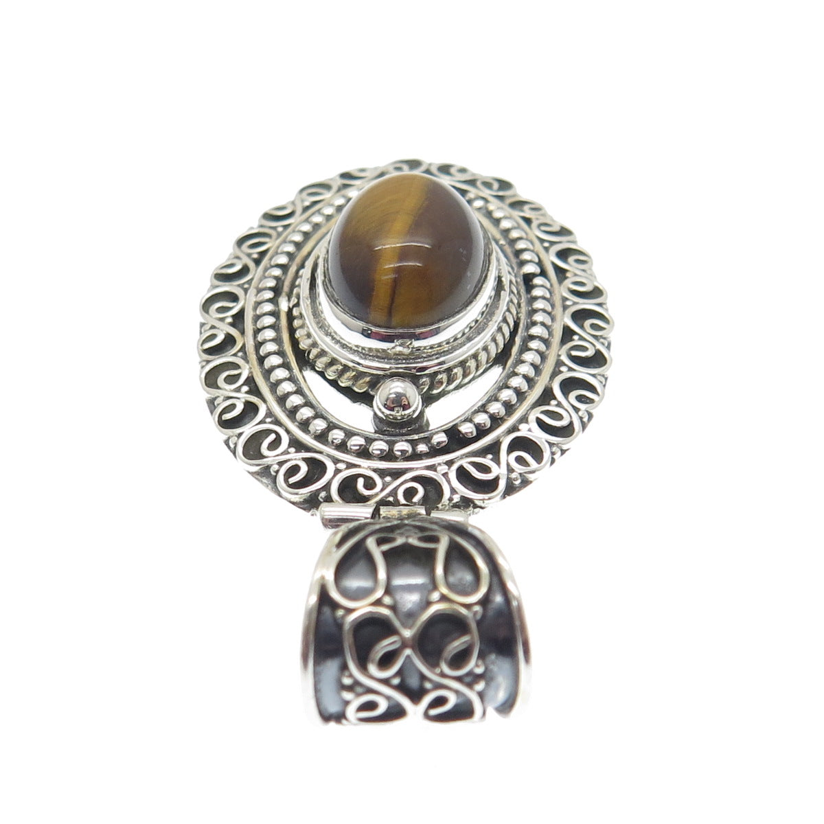 925 Sterling Silver Vintage Real Tiger Eye Boho Ornate Pendant