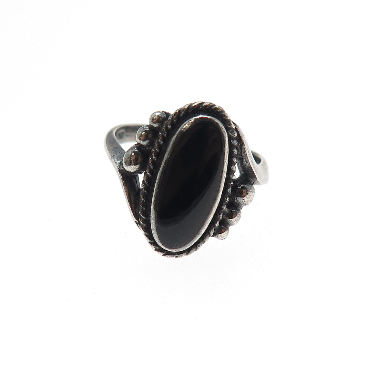 925 Sterling Silver Vintage Real Black Onyx Beaded Oxidized Ring Size 6