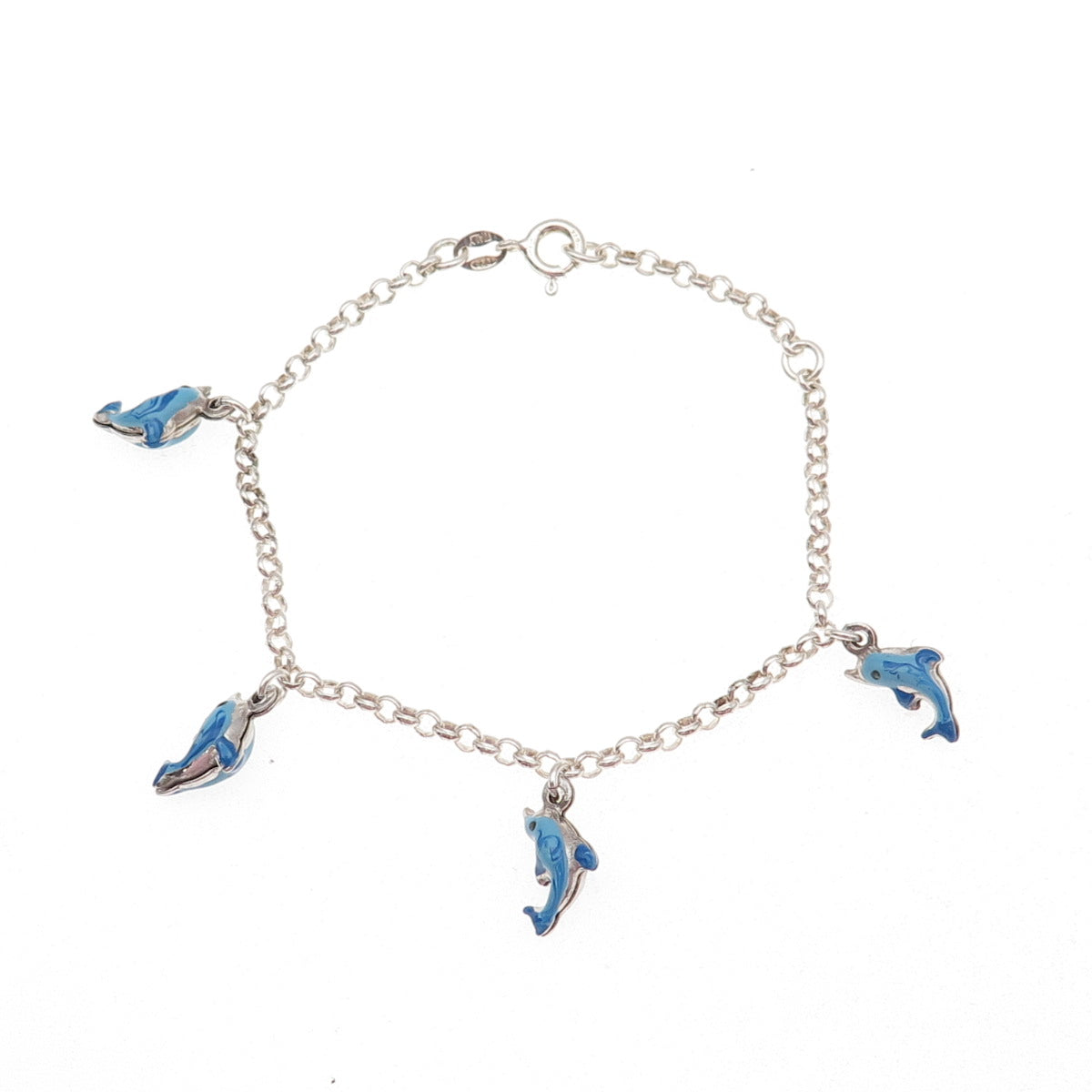 925 Sterling Silver Vintage Italy Enamel Dolphin Rolo Link Bracelet 5.75-6.75"