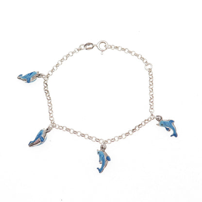 925 Sterling Silver Vintage Italy Enamel Dolphin Rolo Link Bracelet 5.75-6.75"