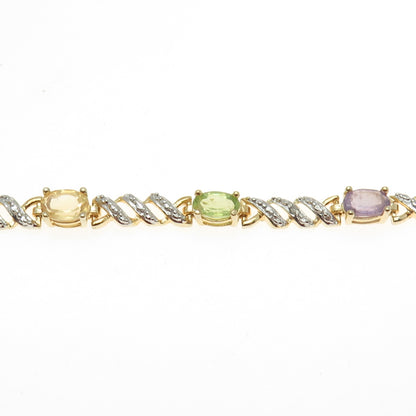 ROSS SIMONS 925 Sterling Silver 2-Tone Multi-Color Gem "X" Link Bracelet 7.25"