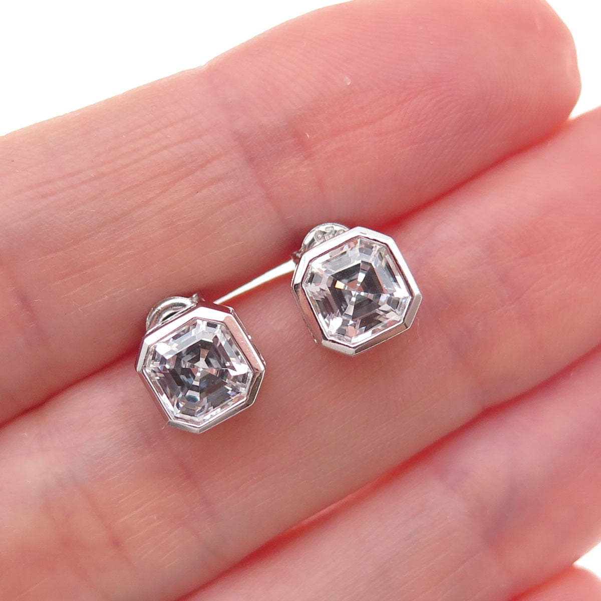 925 Sterling Silver Asscher-Cut C Z Stud Earrings