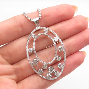 925 Sterling Silver Italy RCI C Z Double Oval Pendant Popcorn Chain Necklace 20"