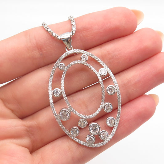 925 Sterling Silver Italy RCI C Z Double Oval Pendant Popcorn Chain Necklace 20"