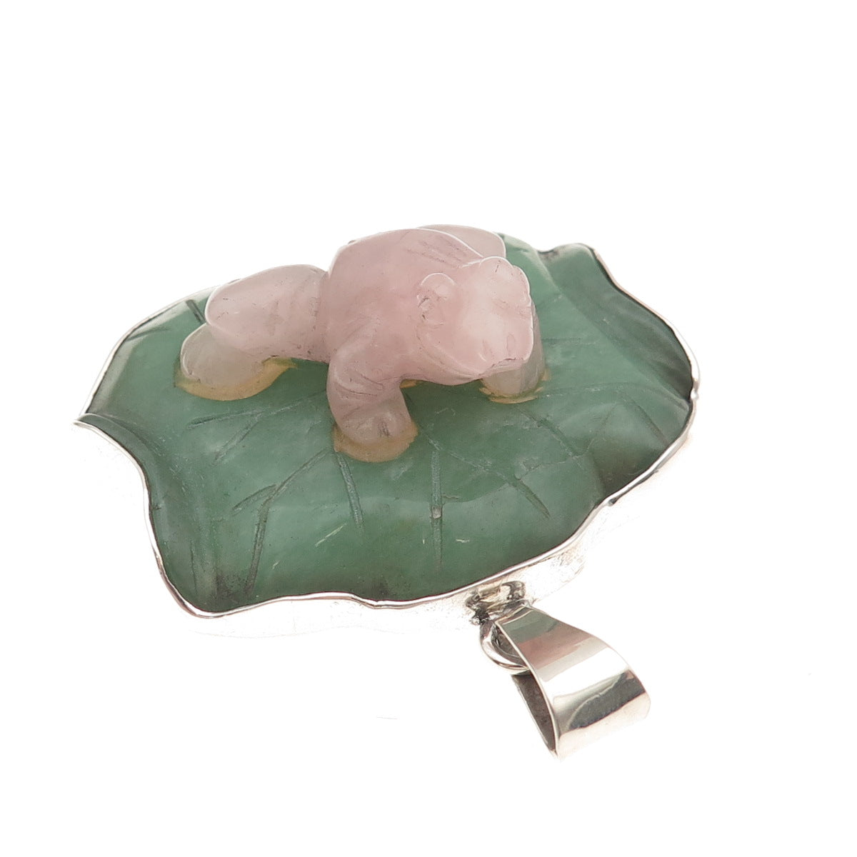 OBSIDIAN 925 Sterling Vintage Real Rose Quartz & Jade Frog Large 59.8g Pendant